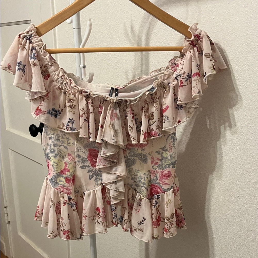 Anthropologie Floral Ruffle Blouse - Pink and Cream